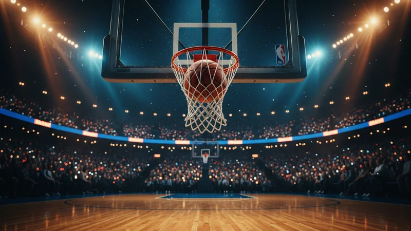 Basketball through NBA arena hoop and net under dramatic arena spotlights, sports betting online.