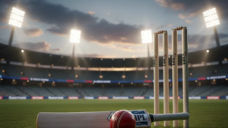 Cricket bat, red ball and stumps on green pitch with IPL stadium floodlights in background.