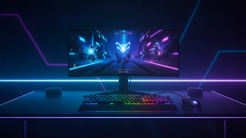 Professional esports gaming setup with RGB keyboard, curved monitor showing esports game, neon blue purple lighting.