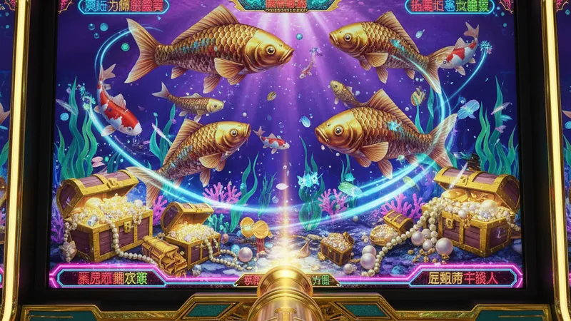 Vibrant Asian arcade fishing online casino game with golden fish, koi, glowing cannon, treasure chests, neon lighting.