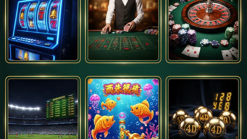 Vibrant online casino game collage: slots, live baccarat, roulette, sportsbook, fishing game, and lottery.