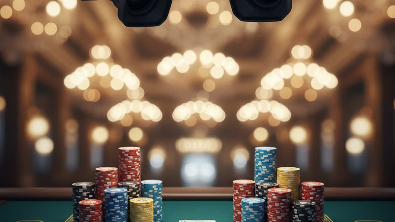 Live baccarat table close-up: cards, colorful casino chips, and HD cameras capturing the action for online casino players.
