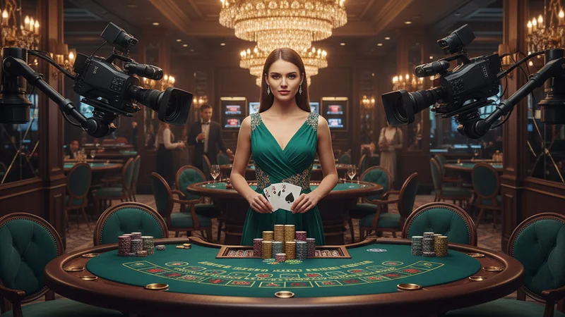 VIP live blackjack with professional female dealer, 21 hand, high-value chips, luxury online casino atmosphere.