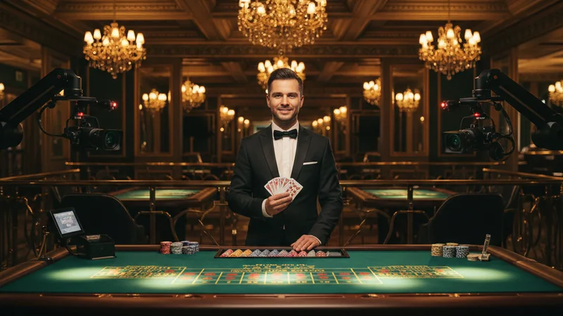 Elegant live baccarat online casino table with a professional dealer in tuxedo, playing cards, golden lights, HD streaming.