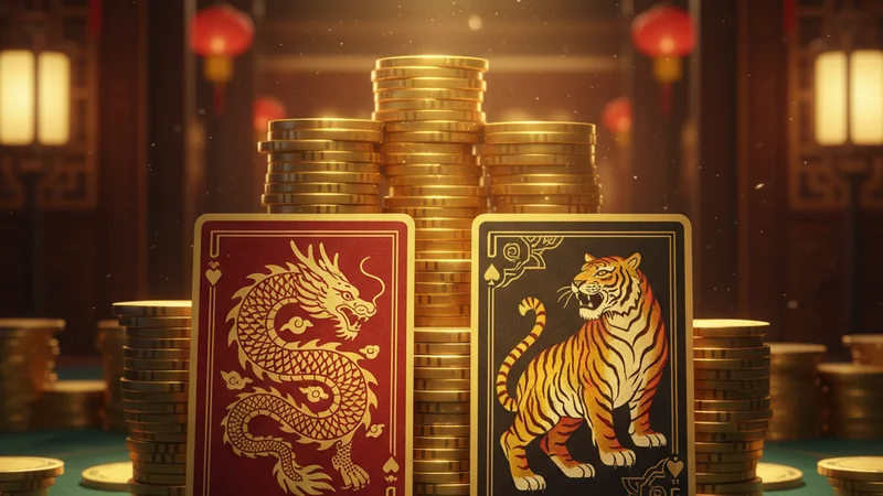 Two playing cards face-up on a split green casino felt table, dragon and tiger designs, golden chip stacks, cinematic lighting.