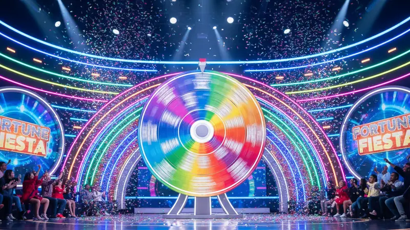 Vibrant live casino game show spinning wheel with bright neon segments, colourful studio lighting and entertainment atmosphere.