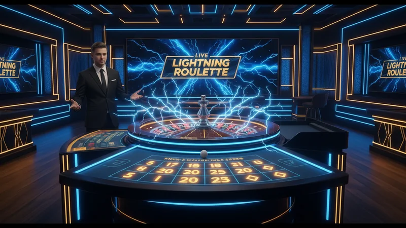 Online casino Live Lightning Roulette wheel with dramatic electric blue lightning, glowing golden multipliers, and a ball mid-spin.