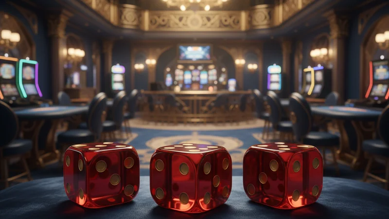 Three red crystal casino dice with gold pips on dark velvet, luxury live Sic Bo casino table setting.