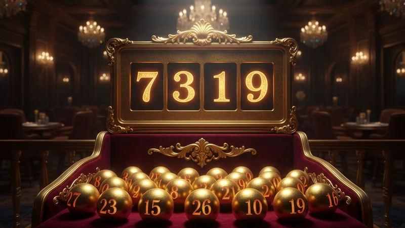 Golden 4D lottery display board showing winning numbers with shiny lottery balls on crimson velvet, luxury casino setting.
