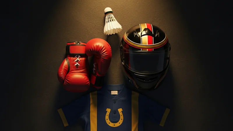 Sports equipment flat lay: badminton shuttlecock, red boxing gloves, motorsport helmet and horse racing jersey.
