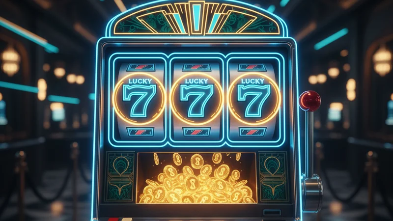 Vibrant blue and gold neon online casino slot machine, triple lucky 7s, cascading golden coin jackpot.
