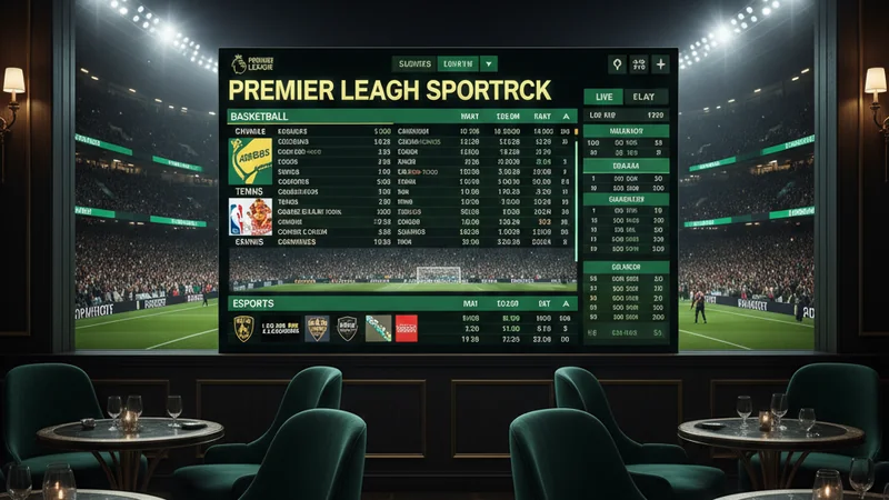 Dynamic stadium sports betting with live Premier League, basketball, tennis, esports odds on a glowing digital sportsbook.