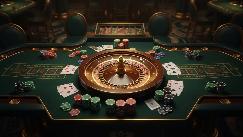 Online casino table games: roulette wheel, mid-spin ball, poker chips, and blackjack cards on dark green felt.