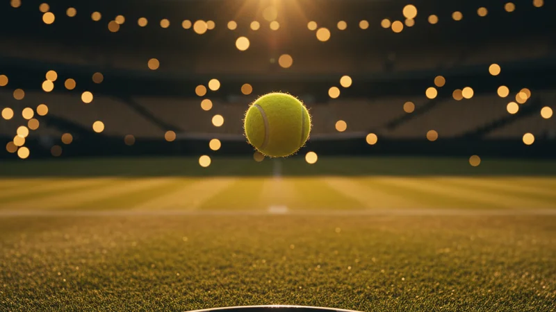 Tennis ball floating above a Wimbledon grass court with golden sunset bokeh, Grand Slam sports betting.